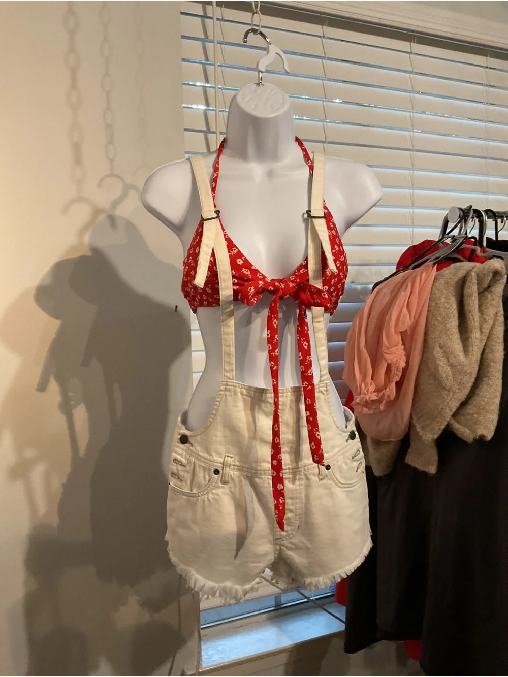 We the Free (Free People) White Cream Denim Suspender Shortalls Raw Hem- size 24